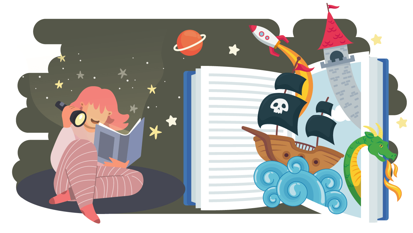 A child smiling while reading a book, with a larger book beside her which has a rocket, a pirate ship and a castle tower coming out of it.