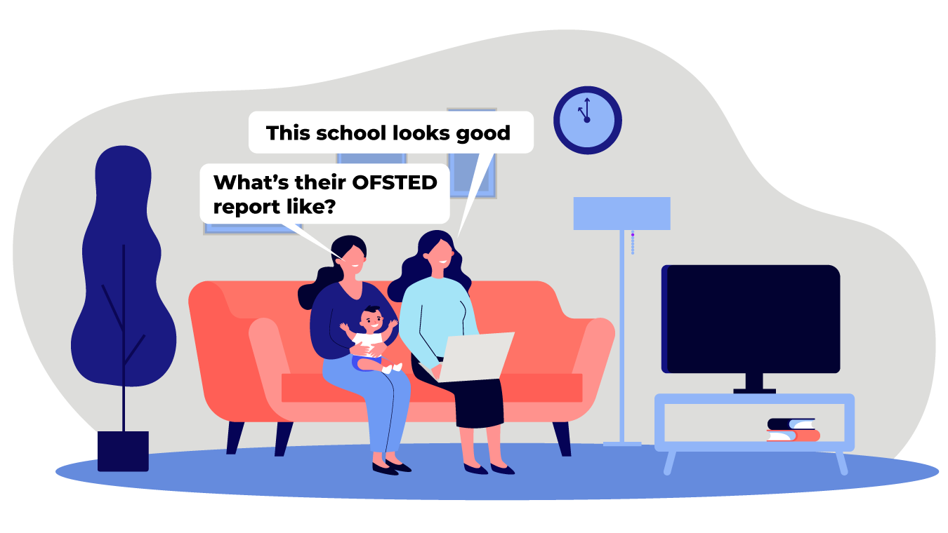 Two adults and a baby sat on a sofa discussing schools and their Ofsted rating. One adult is saying 'What's their OFSTED report like?' while the other adult, who is using a laptop, says 'This schools looks good'.