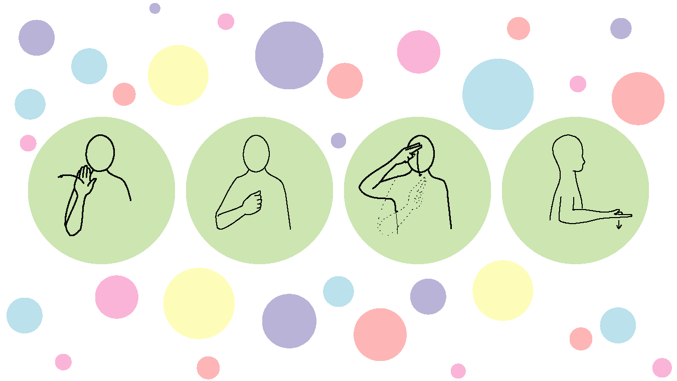 An outline of four different people in circles, doing sign language.