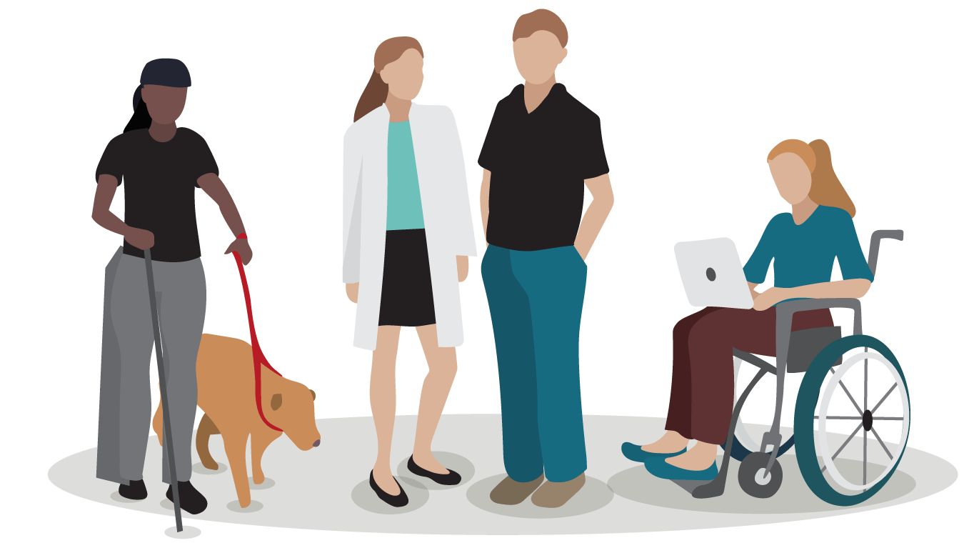 One person stood with a walking stick and a guide dog, two people stood together in the middle of the picture and another person sat in a wheelchair on the right, using a laptop.