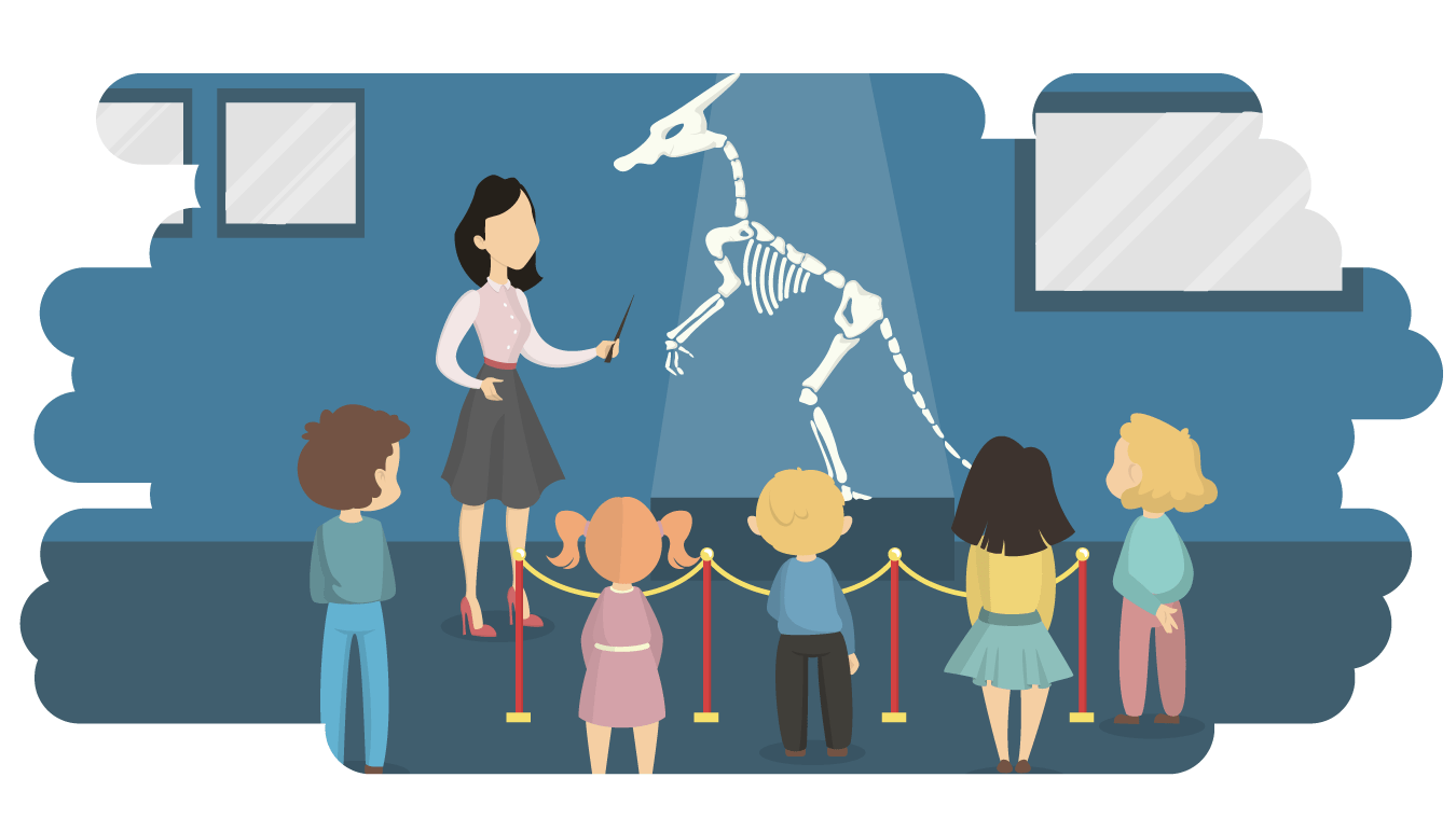 Five children stood opposite an adult who is pointing at a dinosaur's skeleton.