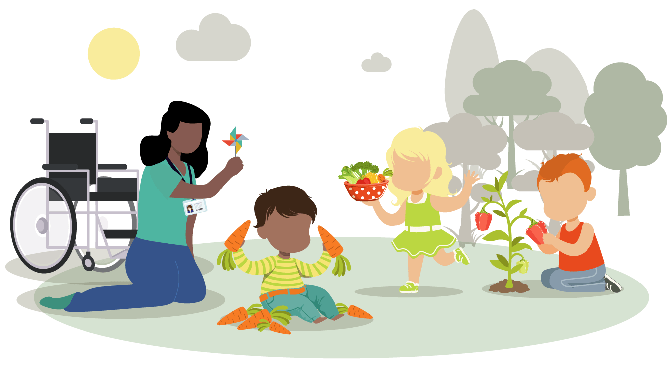 Three children and an adult holding fruit, vegetables and a pinwheel. A wheelchair, clouds, the sun and some trees are in the background.