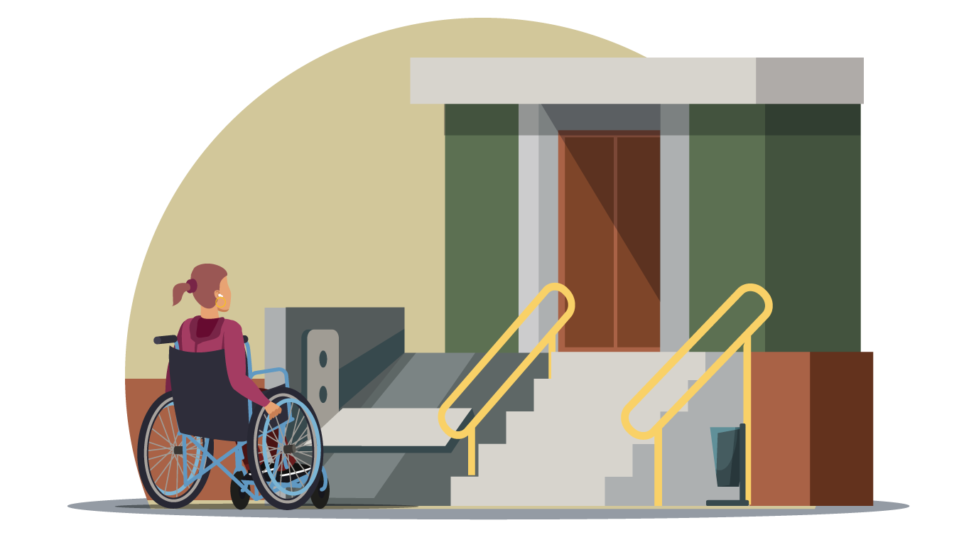 A person in a wheelchair in front of a set of stairs, a door and an assisted ramp.